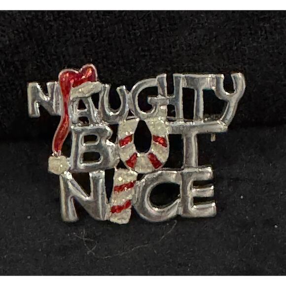 None Jewelry - Naughty But Nice Christmas Enamel Pin Red & Silver Holiday Brooch CP121